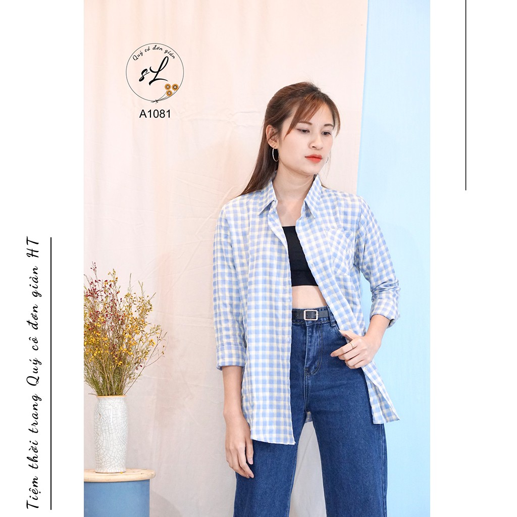 Áo sơ mi nữ sọc caro, cổ đức, form rộng suông dễ mix đồ, chất đẹp, mã A1081 (ảnh thật)