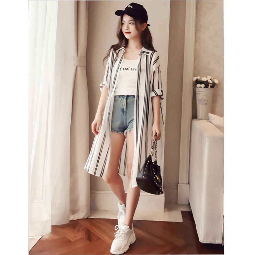 FREESHIP ĐƠN 99K_ Áo sơ mi dài đến gối kẻ sọc thời trang phong cách dành cho nữ | BigBuy360 - bigbuy360.vn