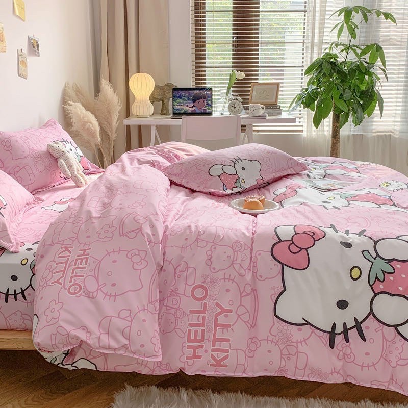 Chăn ga gối cotton poly - Mẫu hello kitty.