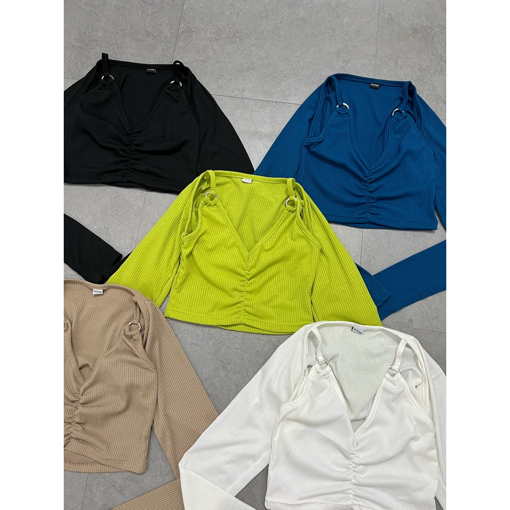 Áo croptop nữ tay dài HHVINTAGE kiểu nhún ngực khoen co giãn Top A31