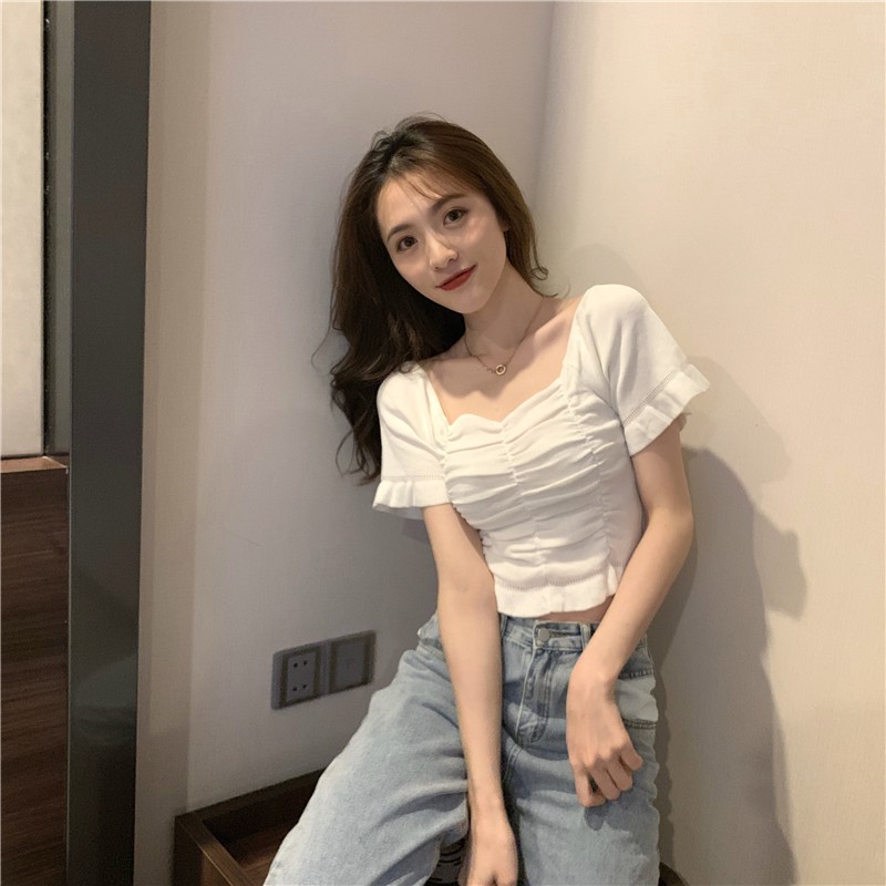 Áo cổ vuông rúm ngực chất len tăm co giãn Hàn Quốc, Áo peplum ulzzang nhún freesize điệu đà cực xinh tôn dáng | BigBuy360 - bigbuy360.vn