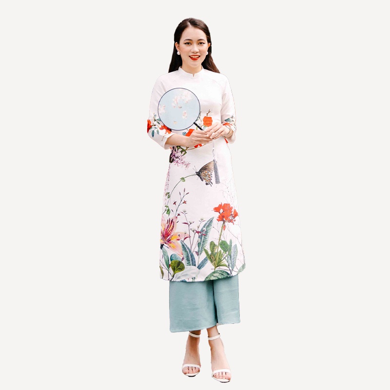 Bộ đồ áo dài gấm nền trắng in họa tiết, quần các màu không còn quần xanh B4880H040