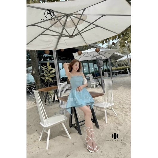 Váy nữ hai dây nơ ngực mix chân váy chữ A có lót quần chất tafta