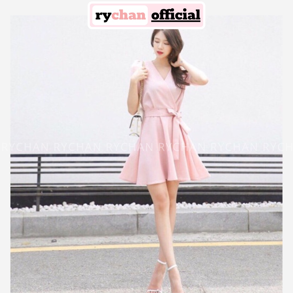 Đầm Dạo Phố Tay Xếp Cách Điệu Nơ Eo Cổ V Đáng Yêu, Váy Nữ Tay Ngắn Form Xòe Dễ Thương Màu Hồng [ẢNH THẬT CUỐI] - DX9765