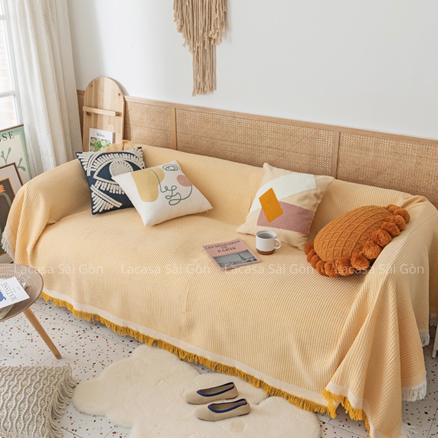 Thảm cotton trải sofa trơn phong cách Bắc Âu/ chăn thổ cẩm phủ ghế vintage - Minimalist Nordic Sofa Cover Blanket