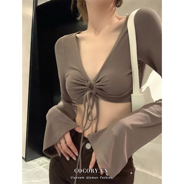 Cocory vn Áo Croptop Tay Dài Cổ Chữ V Dáng Ôm Thời Trang Quyến Rũ Cho Nữ