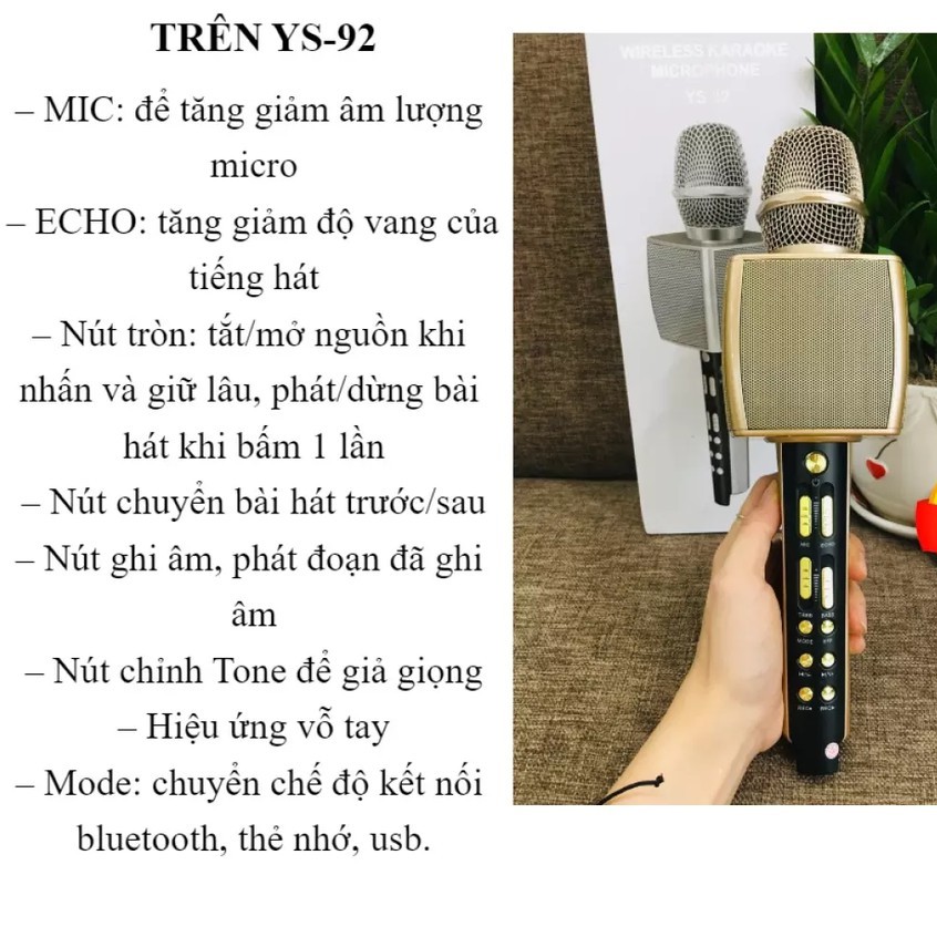 [Mã ELHACE giảm 4% đơn 300K] Micro Karaoke Bluetooth YS-92 Không Dây Mic Livestream Kết Nối Không Dây Hỗ Trợ Ghi Âm