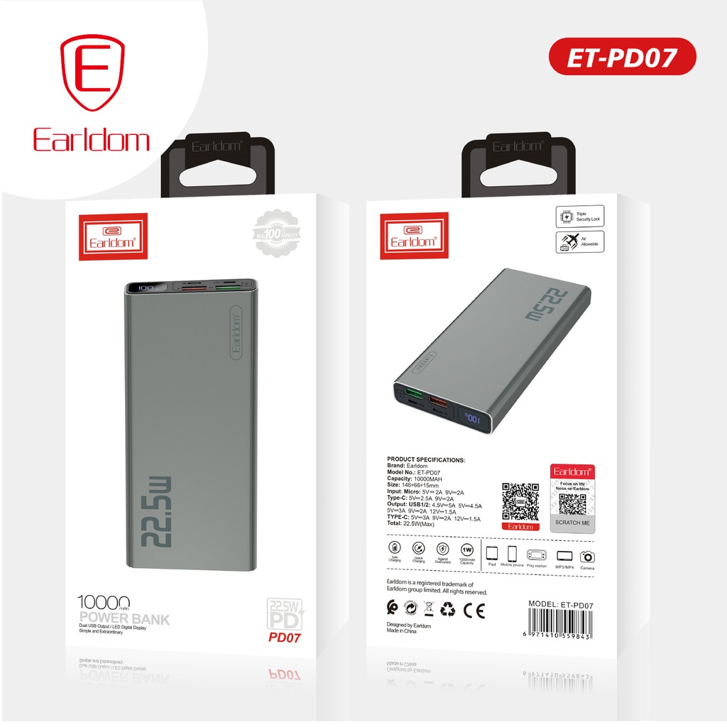 Sạc dự phòng Earldom 10.000 mAh PD – 07