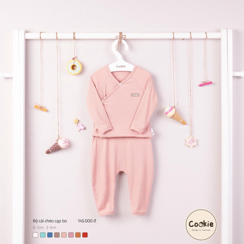 Bộ sơ sinh Cookie cài chéo dài tay cho bé trai bé gái, chất cotton tăm lạnh, mềm mát