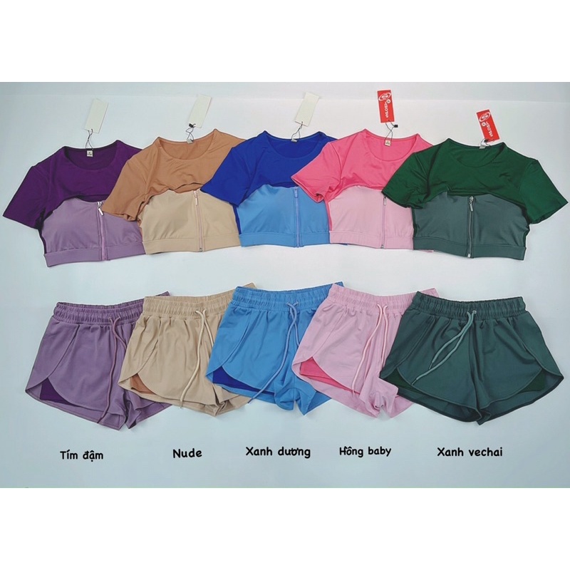 Set Ngắn Thể Thao Nữ Boxer 2 Lớp, Áo Croptop Cut Ngực Phối Dây Kéo Cực Ngầu