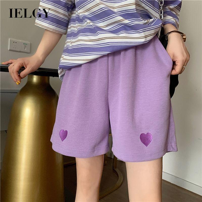 Quần short IELGY lưng cao ống rộng thêu họa tiết trái tim phong cách Hàn Quốc thời trang dành cho nữ