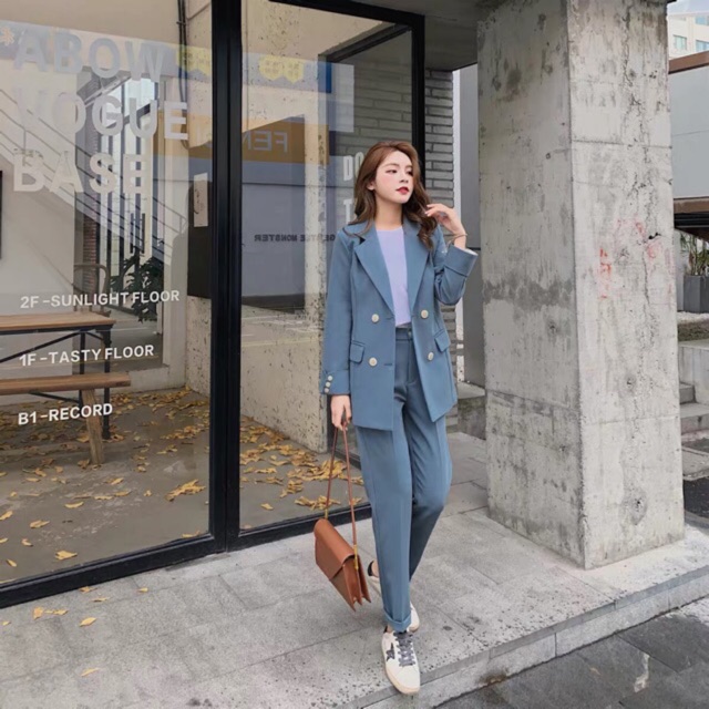 Set áo vest blazer tay gập gấu đính cúc cách điệu + quần âu (có ảnh thật)