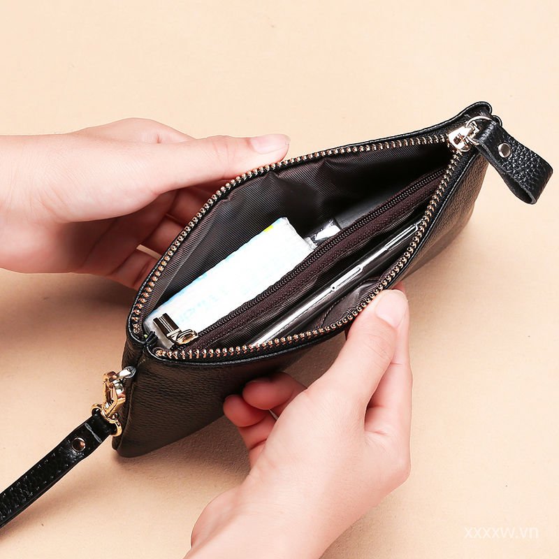 Leather Bag Women's2021New Fashion Japan and South Korea Zip Soft Leather Cowhide Clutch Women's Mobile Phone Bag Coin Purse