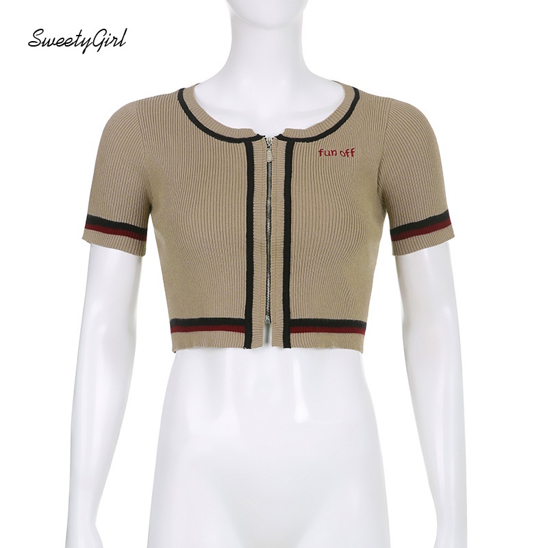 Áo Thun Tay Ngắn Cổ Tròn Màu Trơn Có Khóa Kéo Thêu Chữ Thời Trang 2022 Cho Nữ