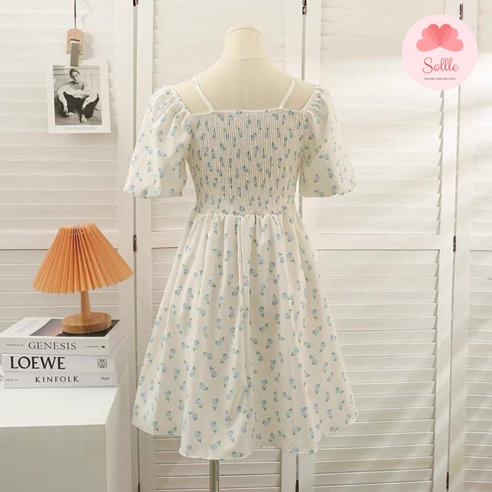 Đầm babydoll váy hoa nhí trễ vai tay bồng chun ngực dáng xòe ulzzang mặc 2 kiểu Hàn Quốc Sollle