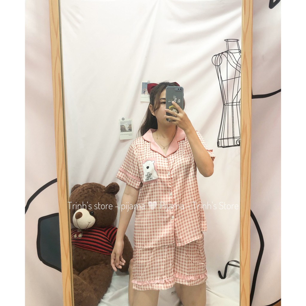 Pijama đồ bộ đùi lụa - hình gấu ô caro 2 màu [hình shop chụp]