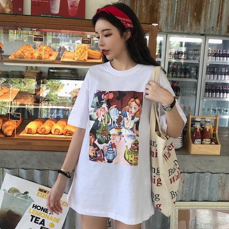[L&Q]                         100% cotton Korean tops anime Snow White Seven Dwarfs printed oversized shirt for women