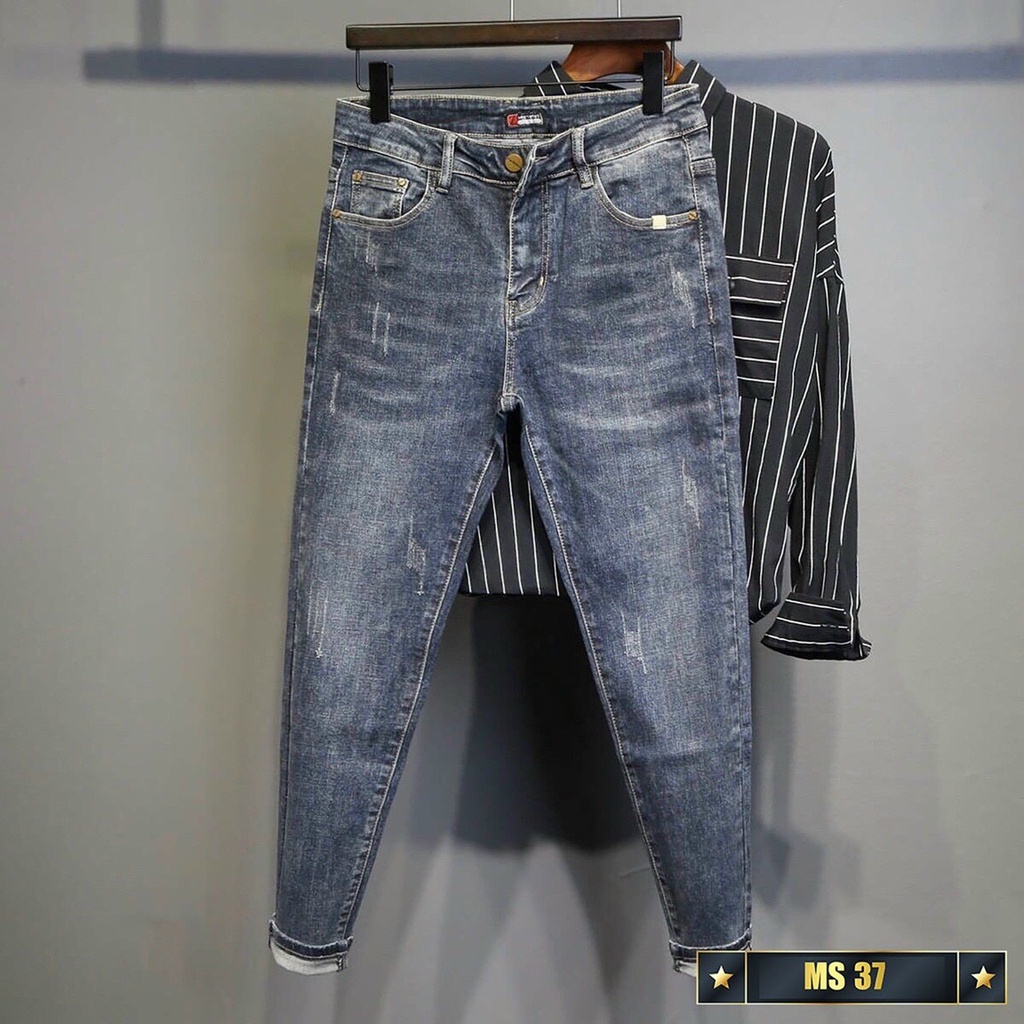 Quần Jean Nam Rách Gối Chất Bò Ống Suông Màu Xanh - Quần Bò Nam Đẹp Cao Cấp Chất Jeasn Co Giãn Thời Trang MURADFASHION