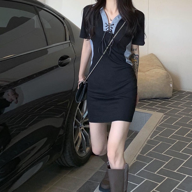 Đầm Ngắn Ôm Eo Cao Màu Đen Có Cổ Thời Trang Mùa Hè Dành Cho Nữ