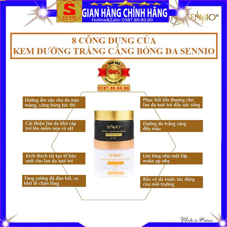 Kem dưỡng trắng căng bóng da mặt cổ tốt chính hãng Sennio hàn quốc dưỡng ẩm cho nam nữ bà bầu ban ngày đêm chống lão hóa
