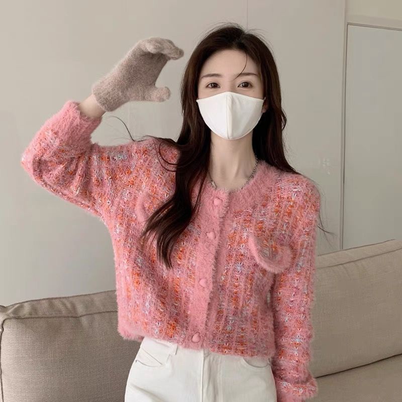 Áo Khoác Cardigan Dệt Kim Ngắn Hình Trái Tim Màu Tím Phong Cách Pháp Thời Trang Xuân Thu Mới 2022 Dành Cho Bạn Nữ