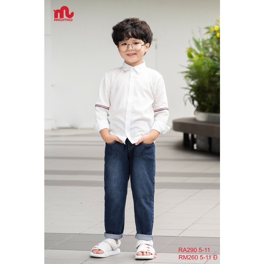 Áo sơ mi trắng bé trai 4-12 tuổi hãng Riomio phối kẻ, Sơ dài tay cho bé vải thô mềm kiểu dáng thời trang
