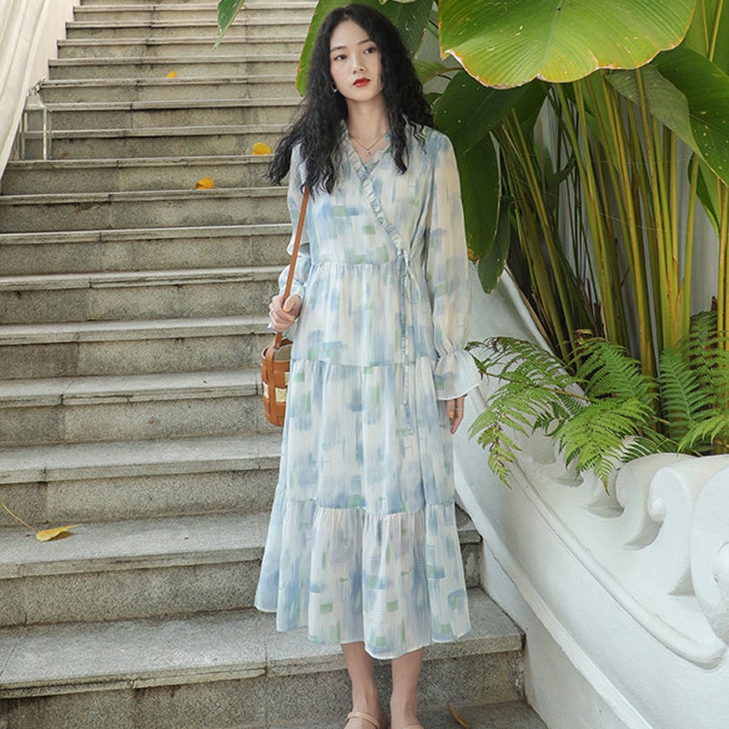 Đầm Tay Dài Sọc Ca Rô Phong Cách Hàn Quốc Trẻ Trung Nhẹ Nhàng Cho Nữ