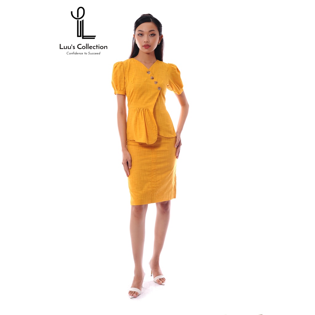 Set Áo Peplum Công Sở Thiết Kế Đắp Tà & Chân Váy Bút Chì Viền Chỉ Nổi Màu Vàng - Cam Luu's Collection