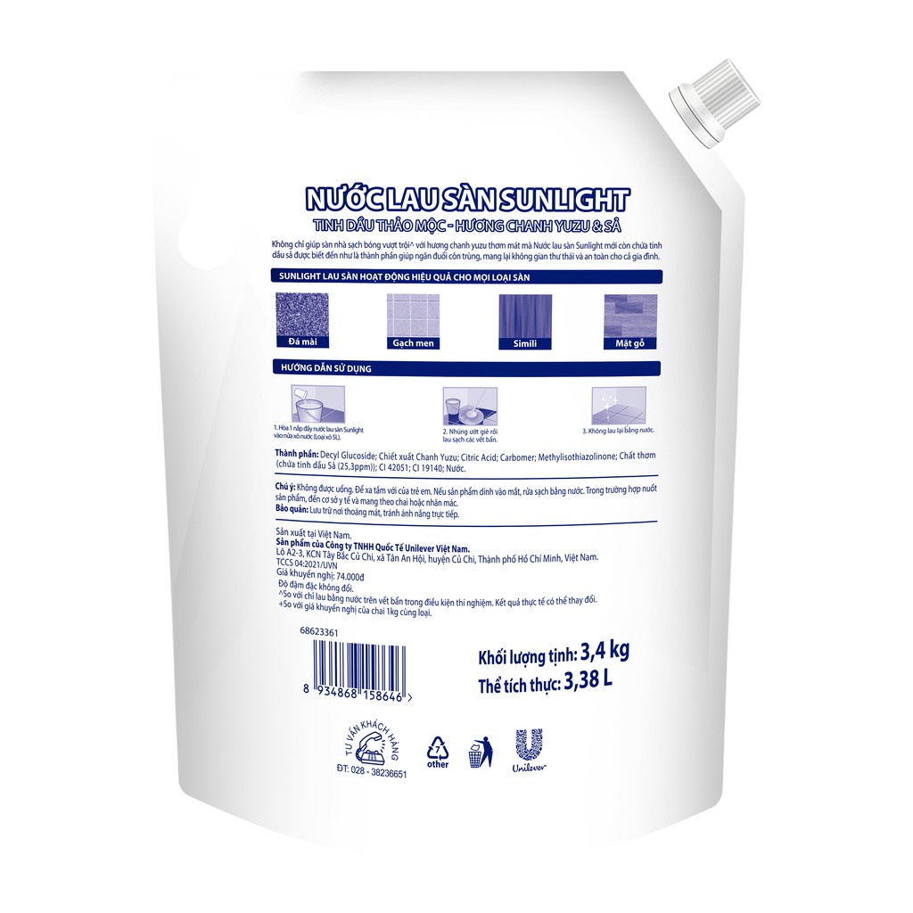 Nước Lau Sàn Sunlight túi 3.4kg Tinh Dầu Thảo Mộc Hương Chanh Sả