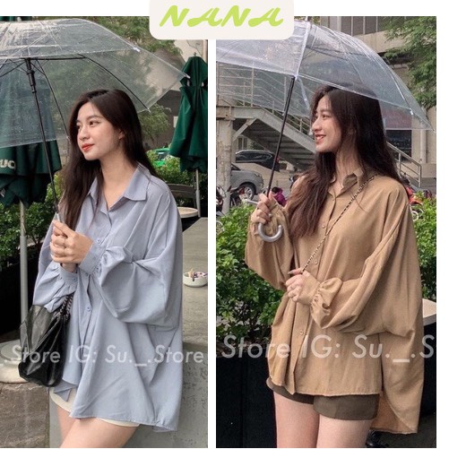 Áo sơ mi trơn đuôi tôm tay dài/ Áo sơ mi nữ form rộng cổ bẻ cúc cài phong cách Hàn Quốc Nanashop