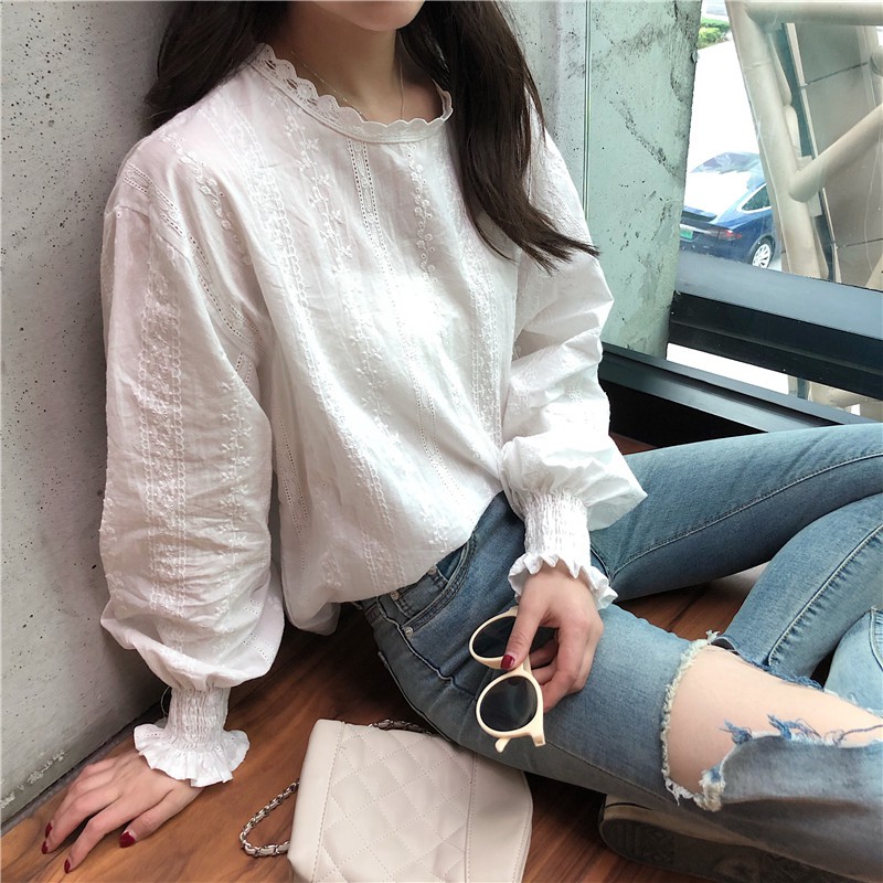 Áo kiểu tay dài phối ren Xiaozhainv hoa thiết kế dáng rộng thoải mái | BigBuy360 - bigbuy360.vn