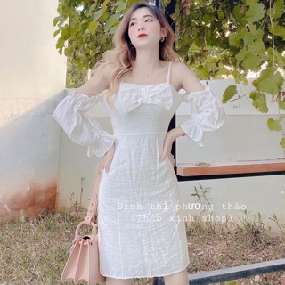 ❤️ đầm trắng rớt vai nơ ngực