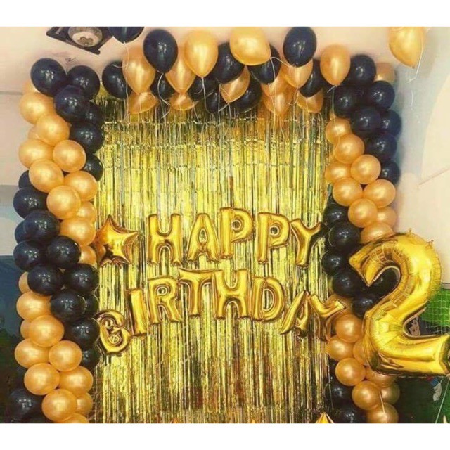 Combo Bóng Trang Trí Sinh Nhật 2 Rèm Kim Tuyến + Bóng Chữ Happy Birthday Và 50 Bóng Nhũ