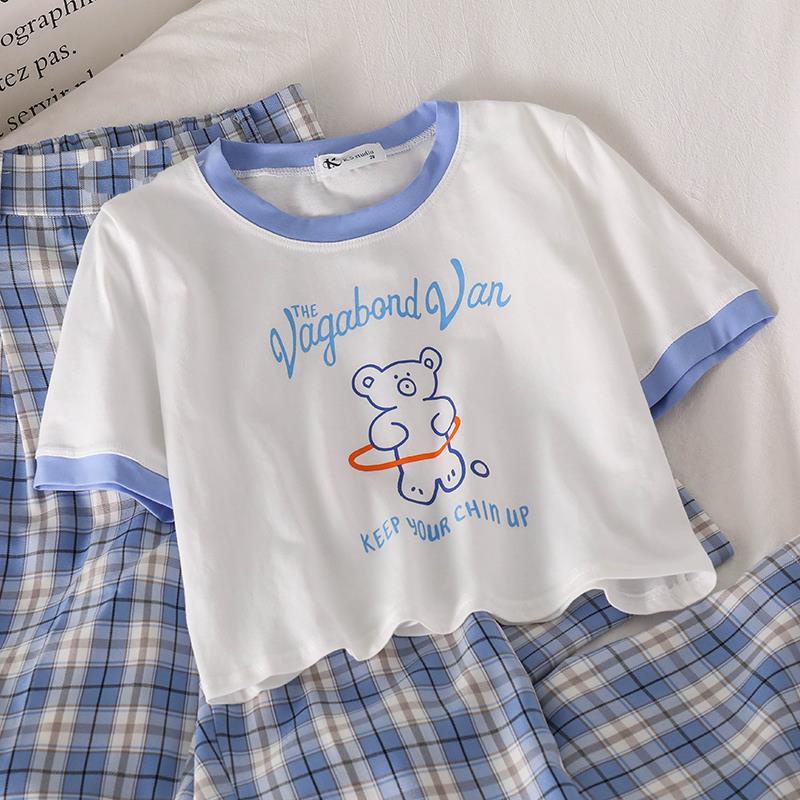 Set Áo Thun Ngắn Tay + Quần Dài Sọc Caro Thời Trang Cho Bé Gái