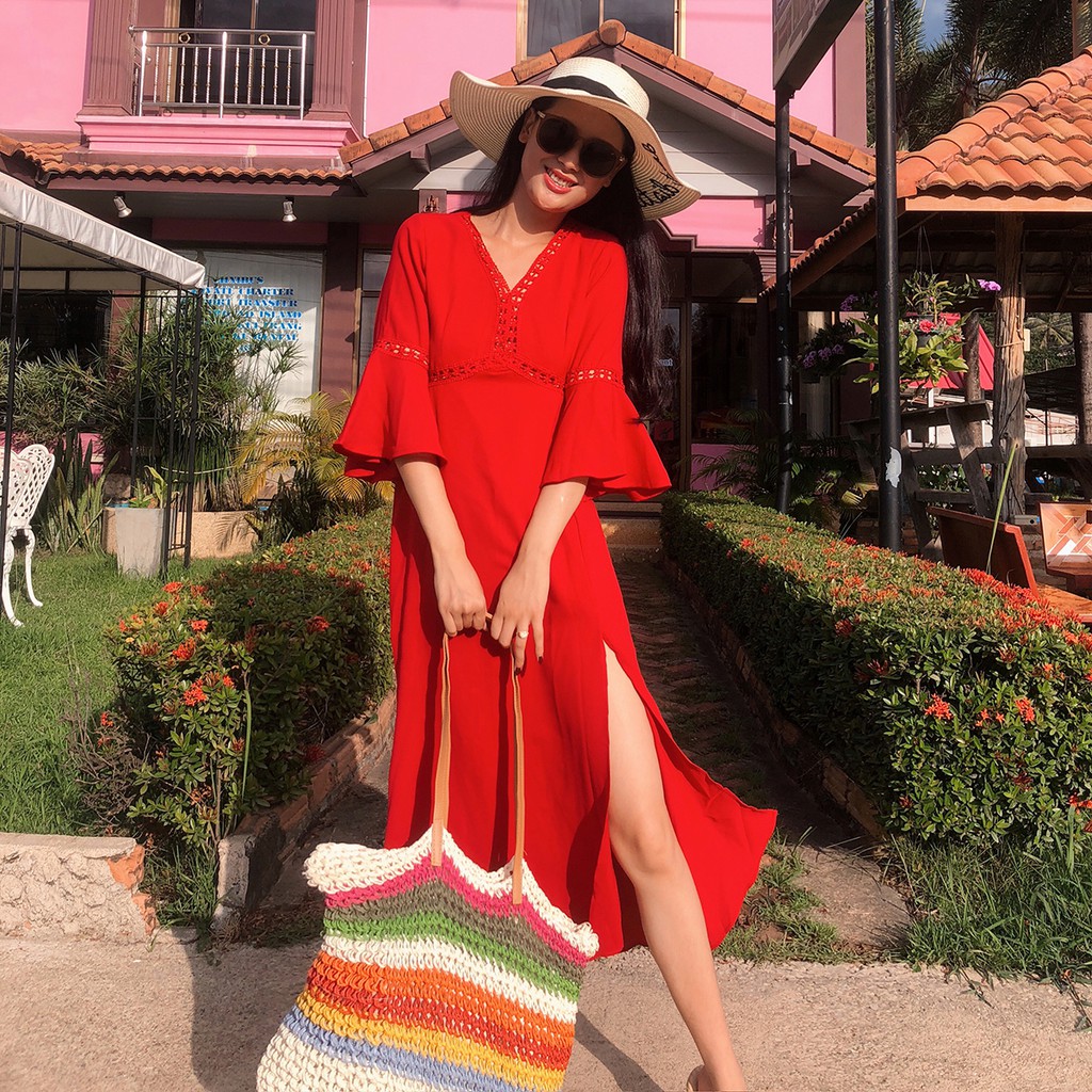 Váy voan đỏ xẻ tà tay chuông - MS059 (Có ảnh thật) | BigBuy360 - bigbuy360.vn