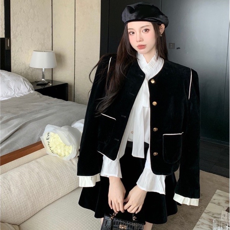 𝐎𝐑𝐃𝐄𝐑. Áo Khoác Nhung Phong Cách Retro Kiểu Pháp (ẢNH THẬT Ở CUỐI)