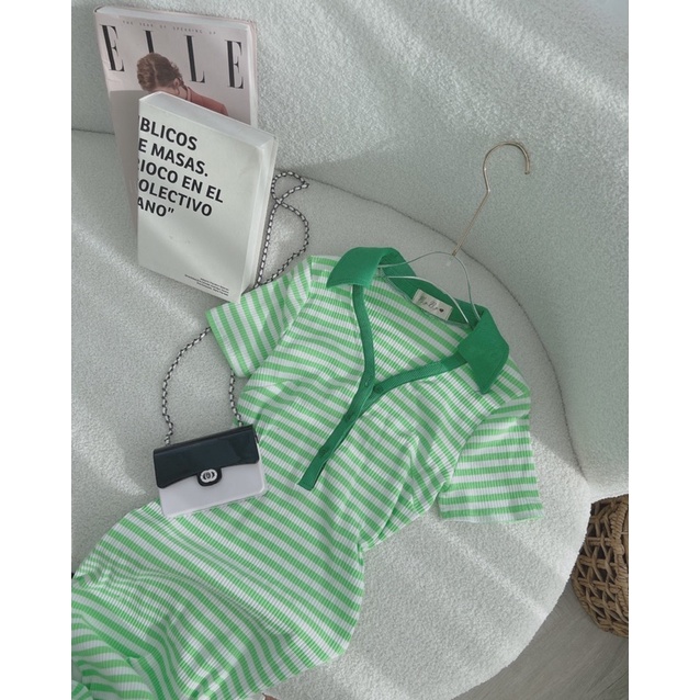 ĐẦM MIDI BODY SỌC XANH CỔ POLO