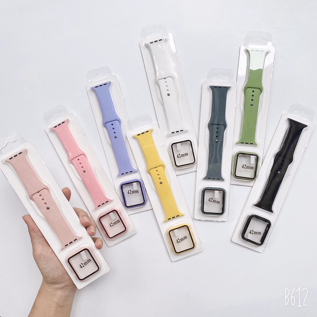 Bộ Ốp kính cường lực 9H và Dây đeo màu chống bẩn bảo vệ đồng hồ Apple Watch size 38mm 40mm 42mm 44mm cho các loại Series