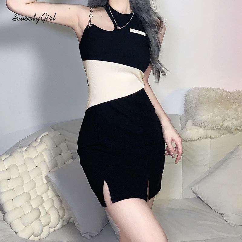 Đầm Mini Không Tay Ôm Eo Phối Màu Tương Phản Thời Trang 2022 Cho Nữ