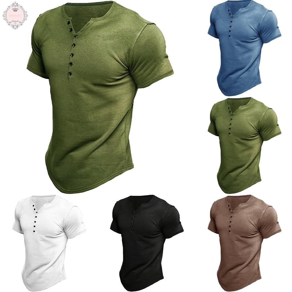 Summer European American Men Henley Shirt Short-Sleeved Solid Color T-Shirt Top
