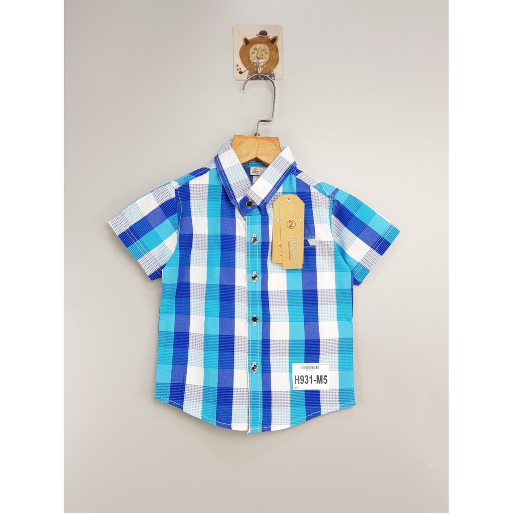 DG89-A-04- Áo somi tay ngắn bé trai, chất kate mềm, màu xanh rêu nhạt phối caro, made in Việt Nam