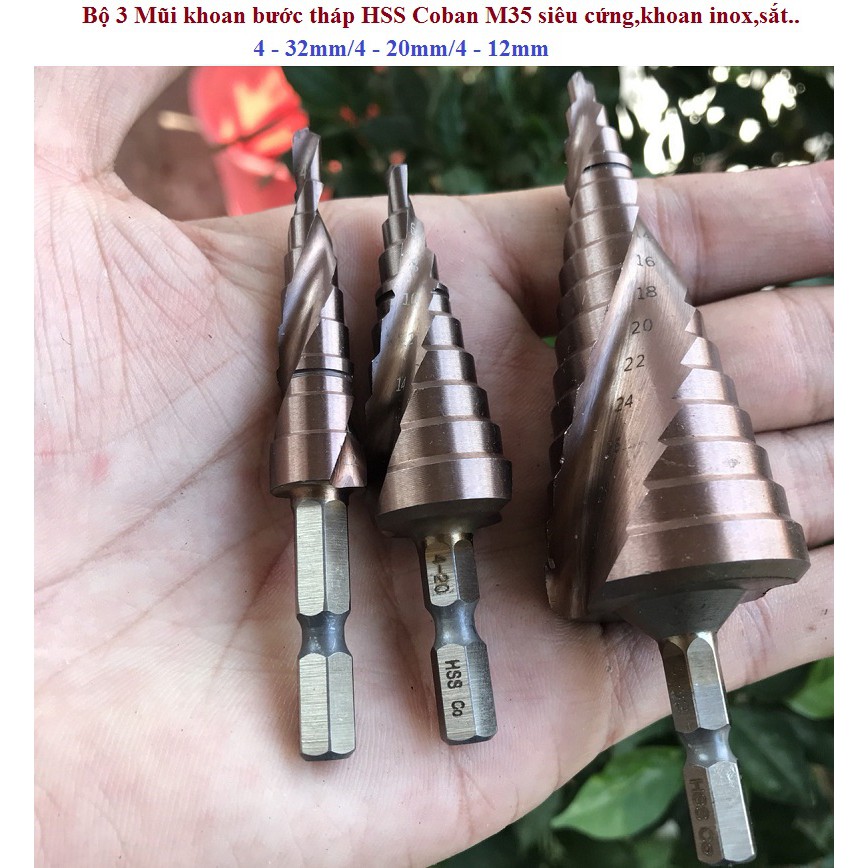 Bộ 3 Mũi khoan bước tháp HSS Coban M35 4 - 32mm,4-20mm-4-12mm siêu cứng,khoan inox,sắt..dày 4mm