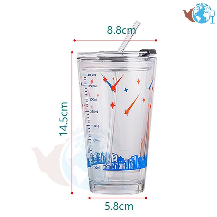 Cốc thủy tinh loại lớn in hình dễ thương có chia vạch kèm óng hút thủy tinh