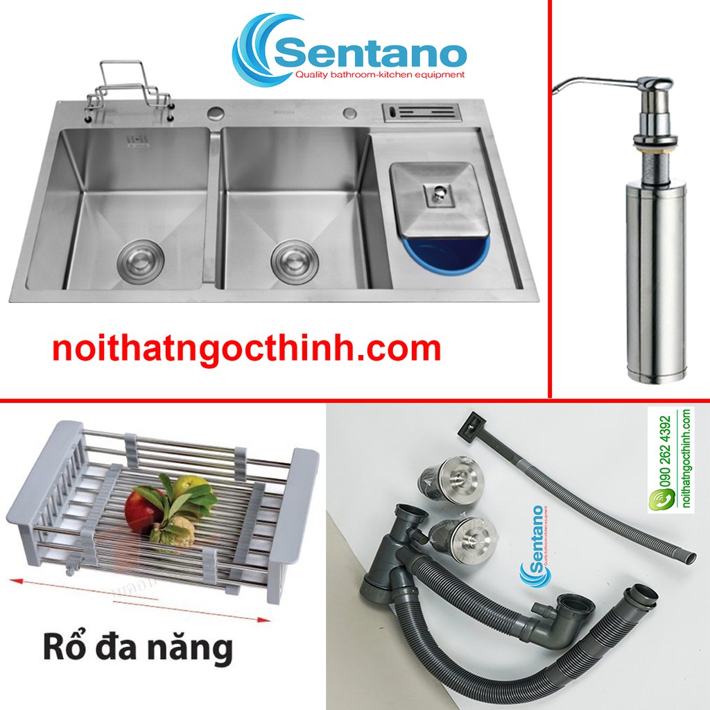 Combo 4 món bồn chậu rửa chén đúc inox 304 có 2 ngăn lớn và bàn chờ - tặng bình nước rửa chén inox cao cấp