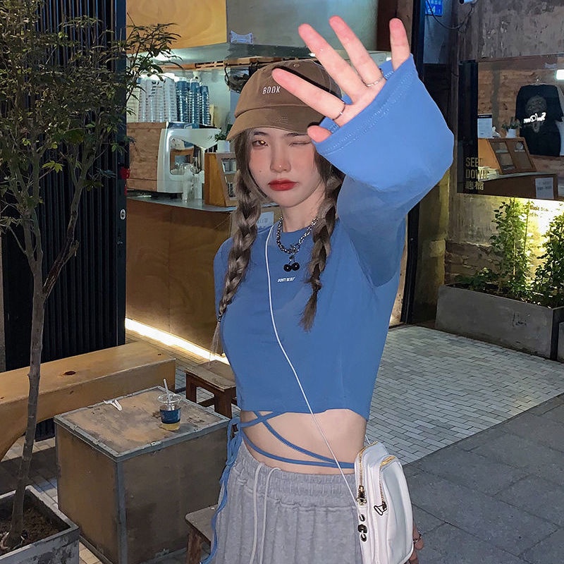 Happy-store ❤️ Áo thun croptop tay dài màu trơn phong cách dây chéo Hàn Quốc cá tính