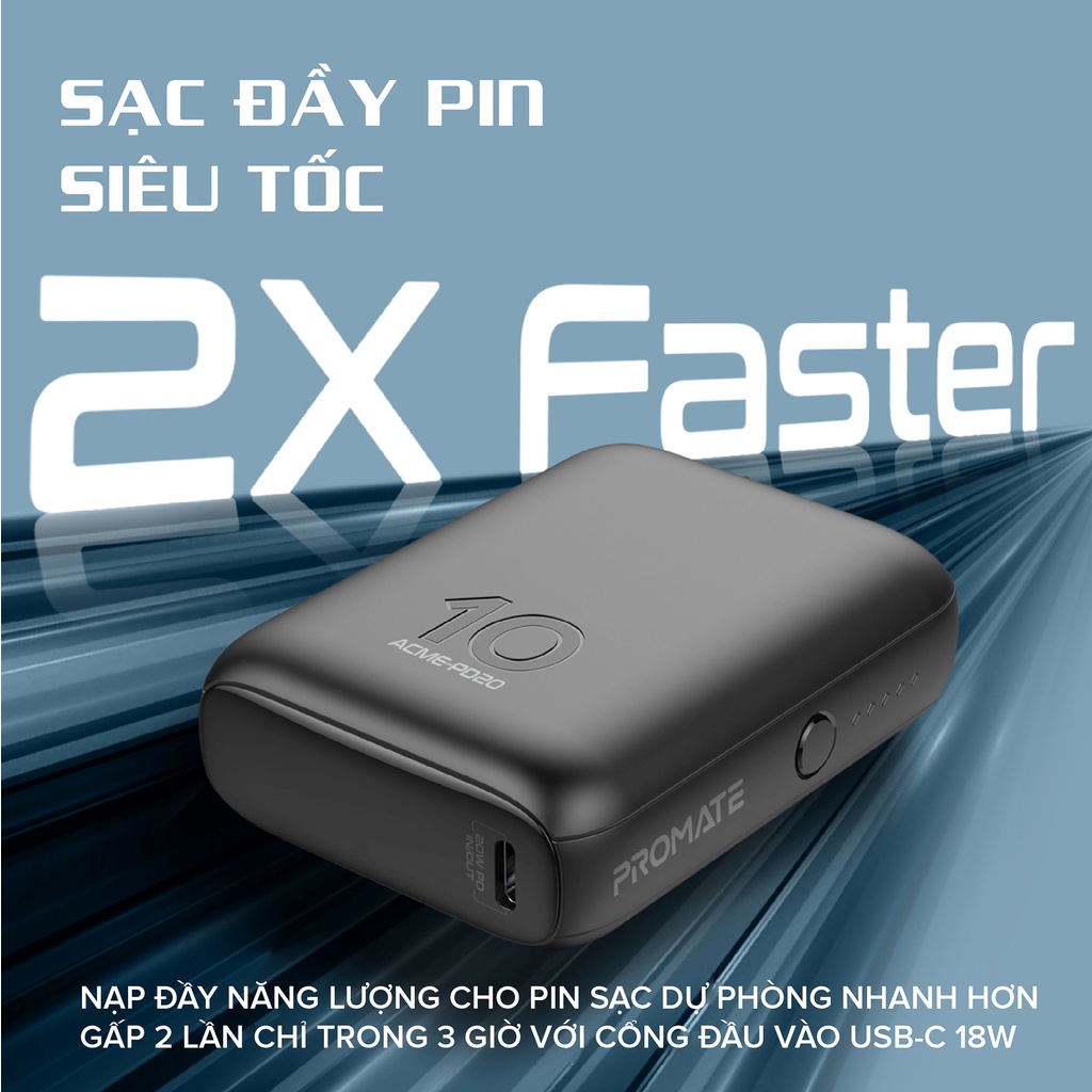 Sạc Dự Phòng Mini 10000mAh PROMATE Acme PD 22W - QC 3.0 Đầu Ra 2 Cổng Sạc USB-C & USB-A, Sạc Nhanh Cho iP/ Android