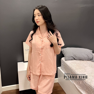 BỘ PIJAMA Đũi Cộc Quần Đùi - Chất Đũi Trơn Màu Hồng Nhạt Bộ cộc quần đùi