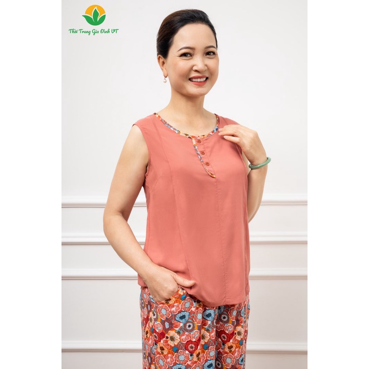 Bộ lanh Việt Thắng quần lửng áo sát nách trung niên phối áo trơn quần họa tiết B05.2208