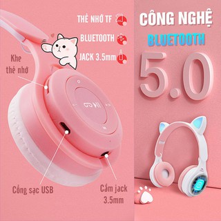 Tai Nghe Con Mèo Dễ ThươngTai Nghe Bluetooth 5.0 Có Đèn Led  Tai Nhe Có Chụp Tai Có Mic Âm BAss Mạnh( Bảo Hành