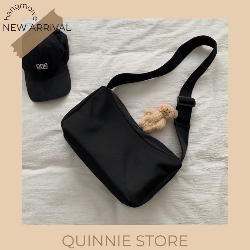 [TẶNG KÈM HUY HIỆU] Túi Đeo Chéo Màu Đen Ngăn Rộng Vải Canvas Unisex, túi đựng đồ style Ulzzang Quinnie Store MS7500